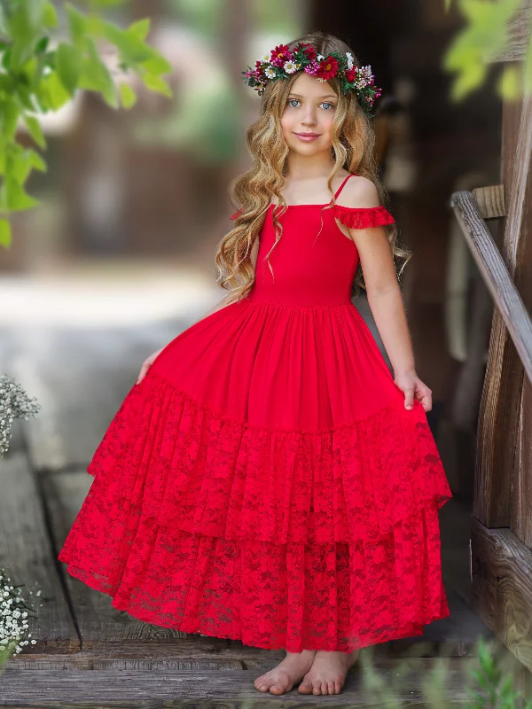 Ruby Red Tiered Lace Ruffle Maxi Dress Ruffled Lace Gown