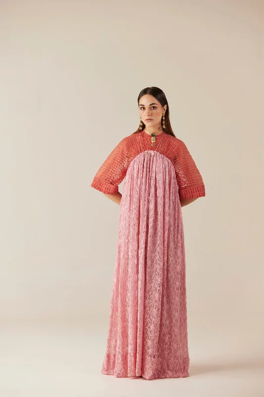 Blushing Peach & Pink A-Line Long Lace Dress Lace Dress Glow