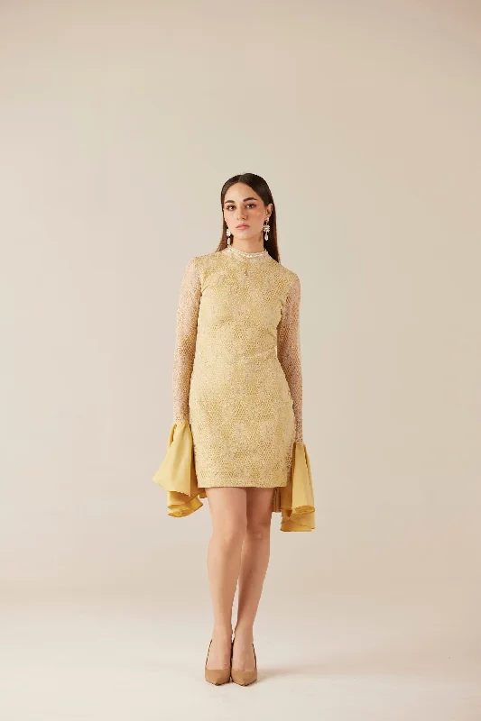 Midas Touch Golden Short Lace Dress With Bell Sleeves Lace Dress Lace