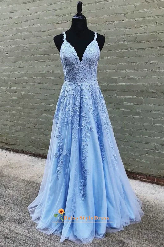 A line Long Light Blue Lace Prom Dress Lace Dress Trendy