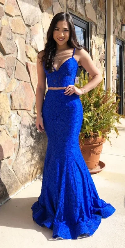 Fashion Fitted Royal Blue High Quality French Lace Two Piece Prom Dress Lace Dress Sparkly