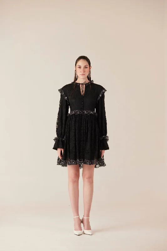 Midnight Mischief Black Lace Ruffle Mini Dress Lace Dress Summer