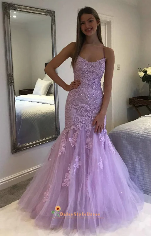 Mermaid Lavender Lace Prom Dress Simple Lace Gown