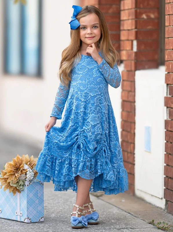 Blue Hi-Lo Drawstring Lace Ruffle Dress Light Lace Dress