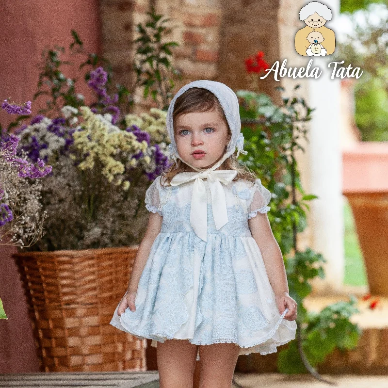 ABUELA TATA - Ceremony Lace Baby Dress & Bonnet - Blue Full Lace Dress