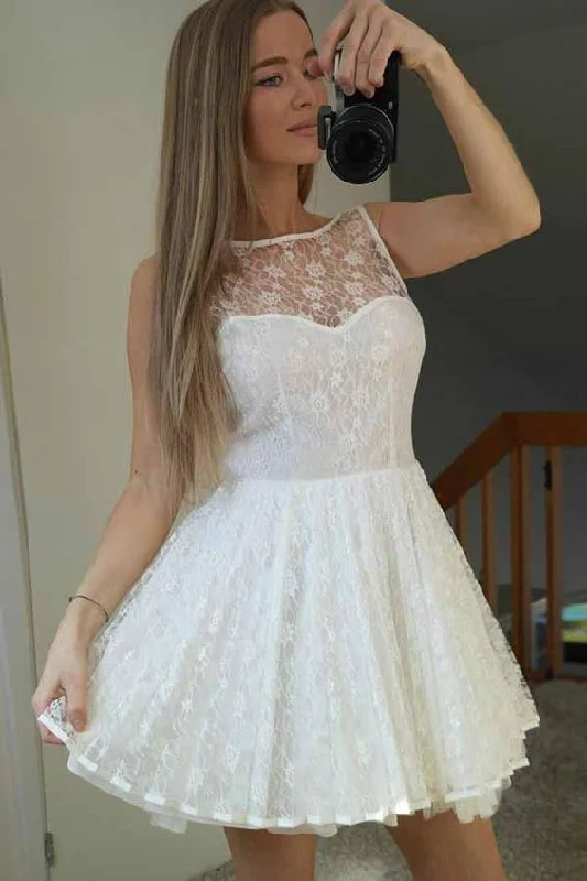 Short White French Lace Homecoming Dress Lace Dress Flare