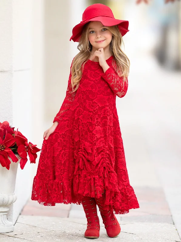 Red Hi-Lo Drawstring Lace Ruffle Dress Lace Gown Style