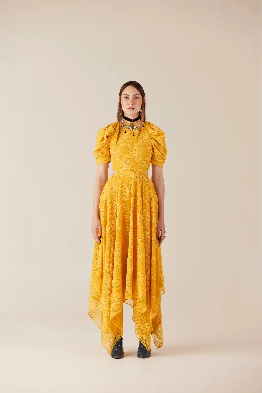 Citrine Yellow Lace Waist Cut Out Dress Vintage Lace Gown