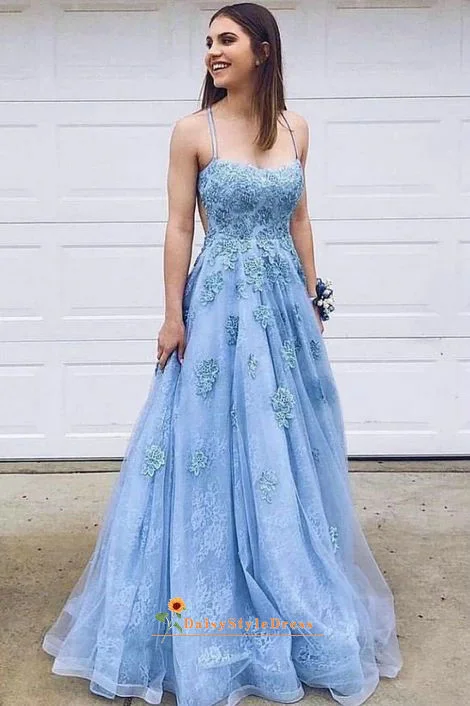 Full Length Blue Lace Prom Dress Lace Dress Twirl