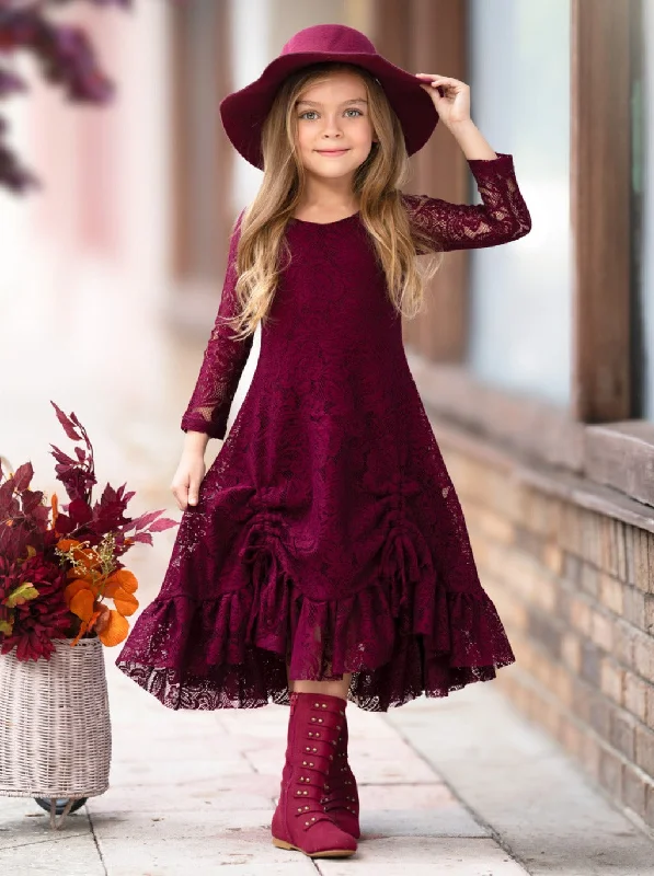 Burgundy Hi-Lo Drawstring Lace Ruffle Dress Soft Lace Dress