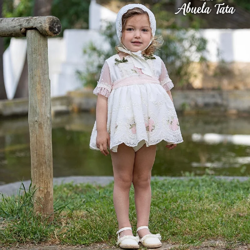 ABUELA TATA - Ceremony Lace Layla Baby Dress & Bonnet - Cream Lace Dress Deep V