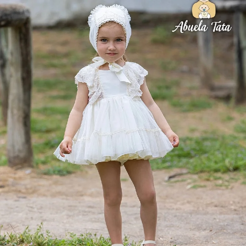 ABUELA TATA - Ceremony Lace Luna Baby Dress & Bonnet - Cream Layered Lace Dress