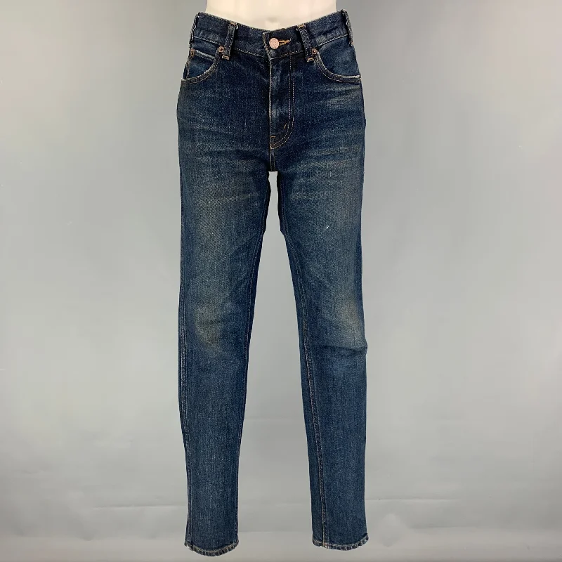 CELINE Size 26 Dark Blue Cotton Slim Patch Jeans