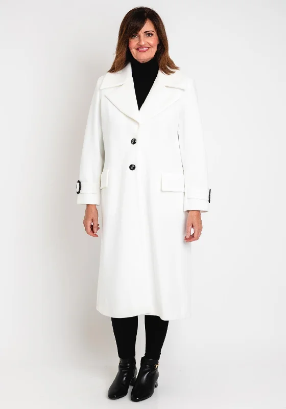 Camelot Contrasting Button Long Woven Coat, Snow White Women's softshell jackets