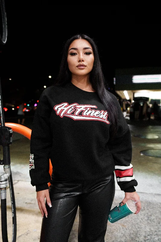 BLACK & RED HI FINEST SCRIPT OVERSIZED SWEATER Women's travel jackets