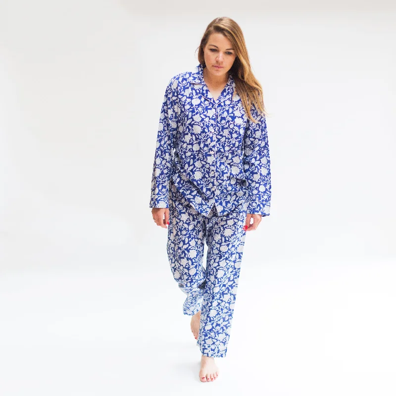 Long PJ Set in Blue & White Floral Block Print Design Knitted pajama sets