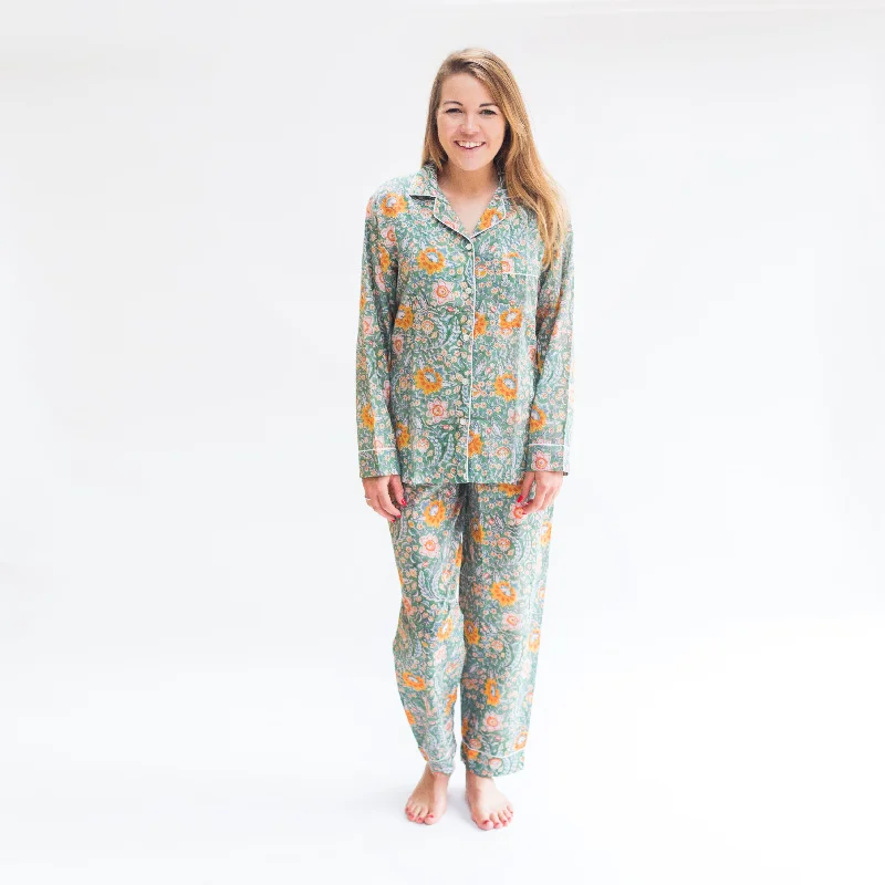 Long PJ Set in Green & Ginger Floral Block Print Design Breathable cotton pajama sets