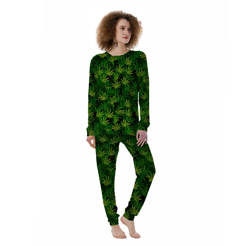 Marijuana Leaf Watercolor Print Pattern Women's Pajamas Fall pajama sets