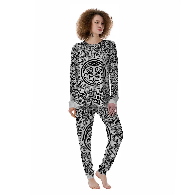 Maya Calendar White And Black Print Women's Pajamas Velvet pajama sets