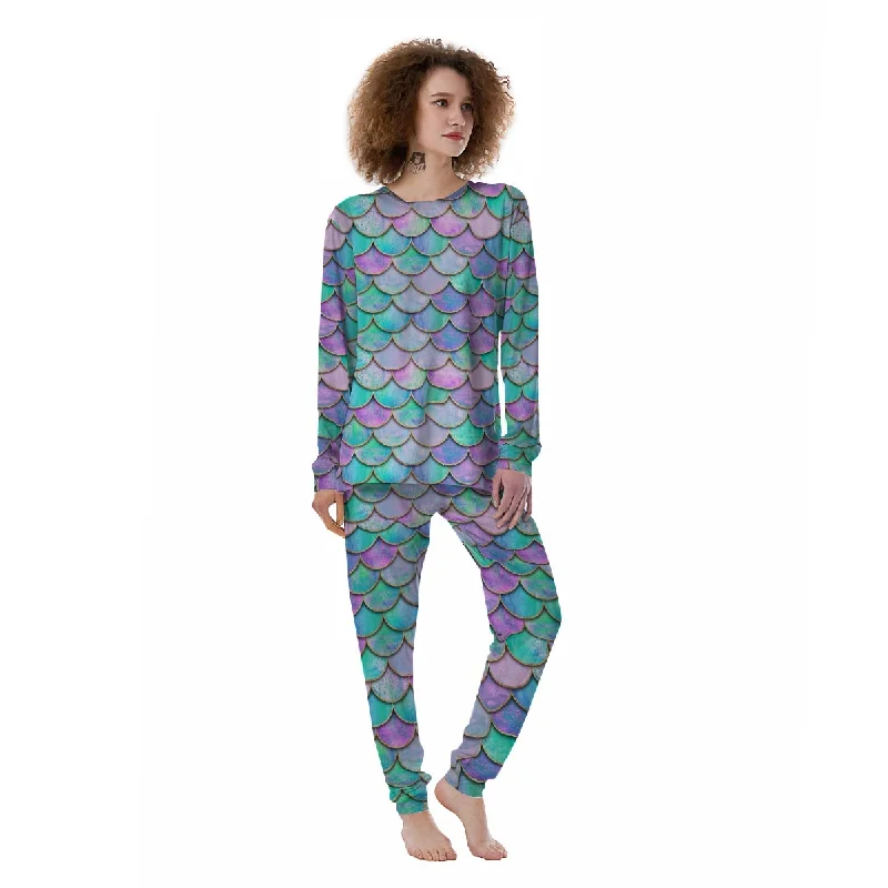 Mermaid Scales Teal Purple Print Pattern Women's Pajamas Pajama sets with pockets