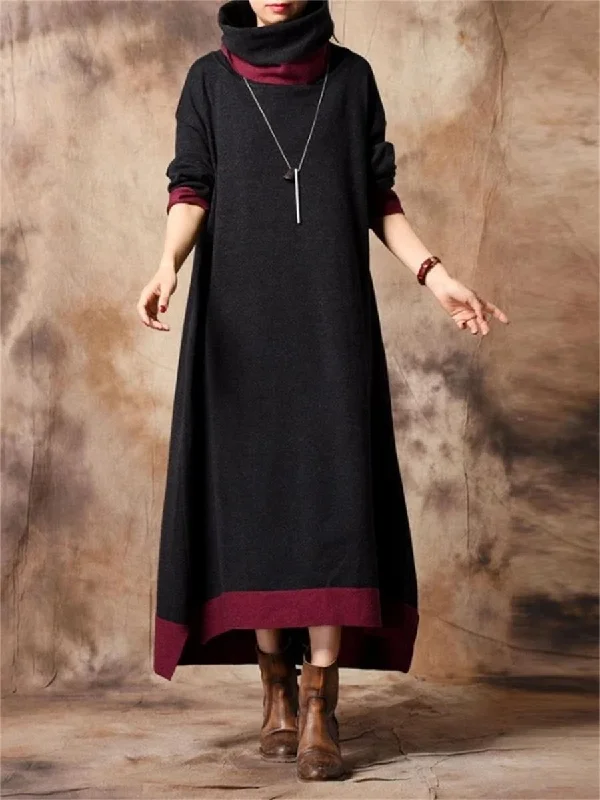 Autumn And Winter Casual High-Neck Contrast Sweater Dress Date night sweaters