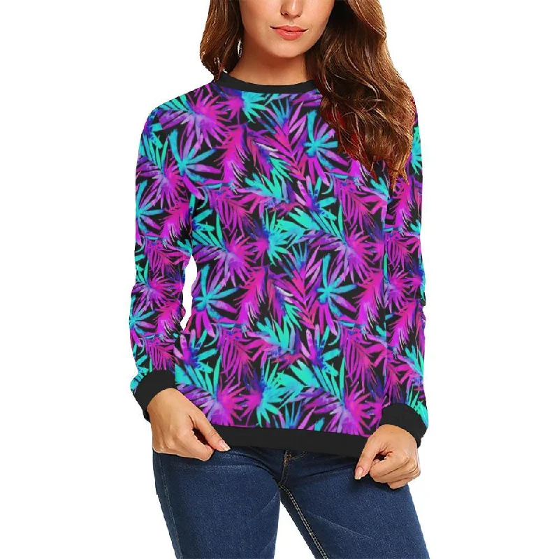 Neon Tropical Palm Leaves Hawaiian Pattern Print Women Crewneck Sweatshirt North Face sweaters