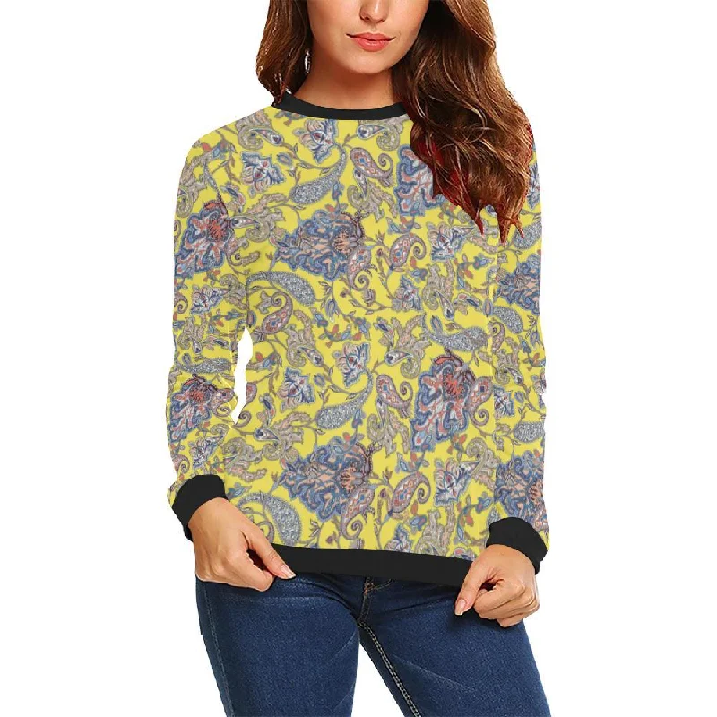 Yellow Paisley Pattern Print Women Crewneck Sweatshirt Work sweaters