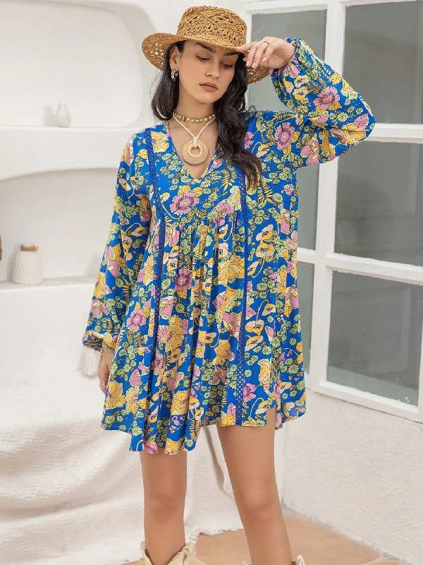 Printed V-Neck Balloon Sleeve Mini Dress Designer mini dresses