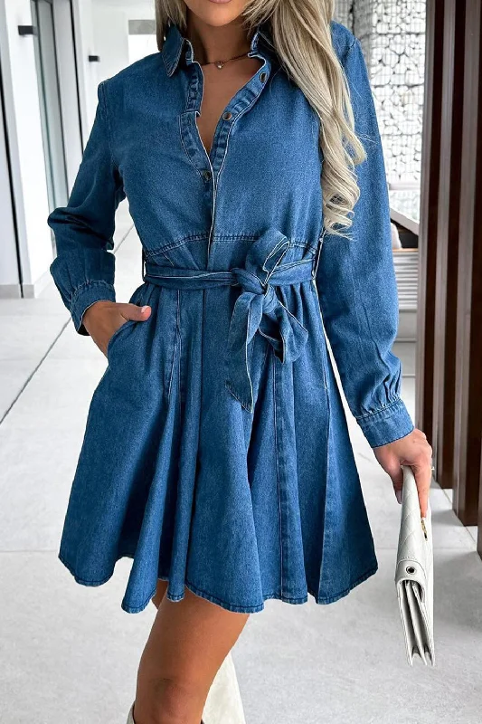 Tied Half Button Long Sleeve Denim Dress H&M mini dresses