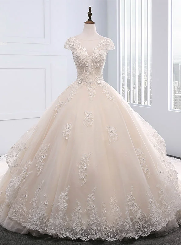 Champagne Ball Gown Tulle Beading Backless Wedding Dress Vintage Lace Dress