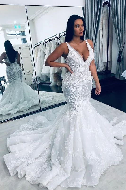 Floral Sleeveless Beaded Strap Mermaid Wedding Dress with V-Neck Glamorous Wedding Dress