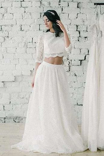 Jewel-Neck Lace 3-4-Sleeve Two-Piece A-Line Wedding Dress-714931 Chic Wedding Gown