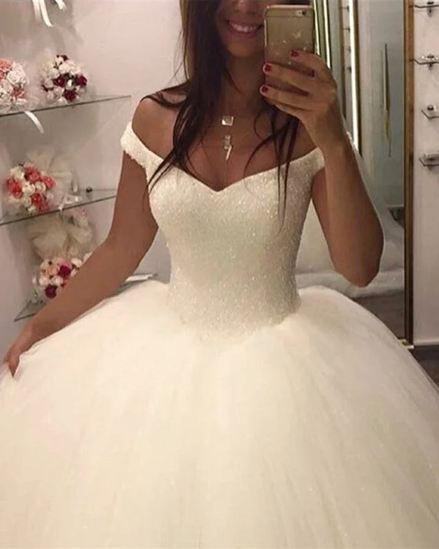 Sequins Beaded Corset Tulle Ball Gown Wedding Dresses V-neck Off The Shoulder Modern Wedding Gown