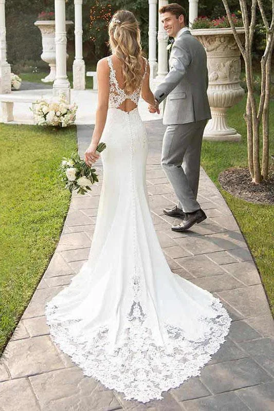 Spaghetti Straps Lace Open Back Mermaid Off White Wedding Dresses Bridal Dresses STI15416 Simple Satin Gown