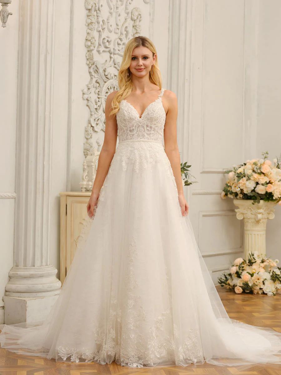 Spaghetti Straps V-Neck Sleeveless Long Wedding Dresses With Appliques Sparkle Bridal Dress