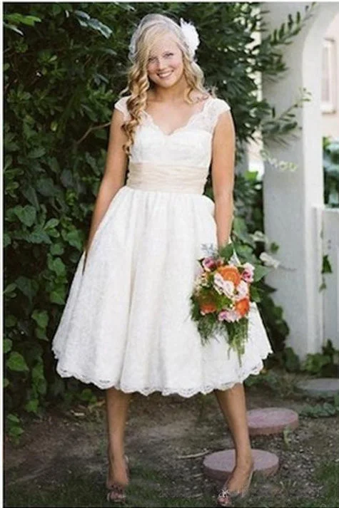 Vintage Scalloped Neck Cap Sleeves Tea Length Wedding Gown-715409 Sheer Wedding Dress