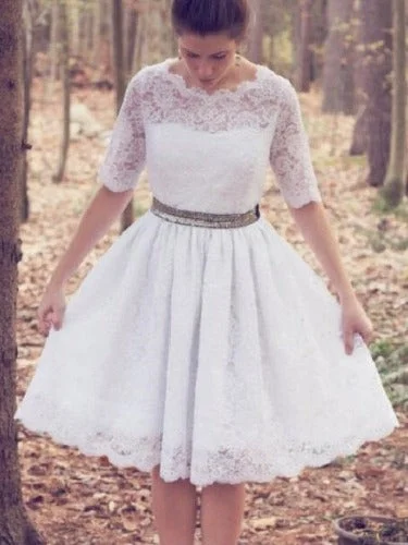 Country Style Short Vintage Lace Wedding Dress with Sleeves Wedding Dress Long