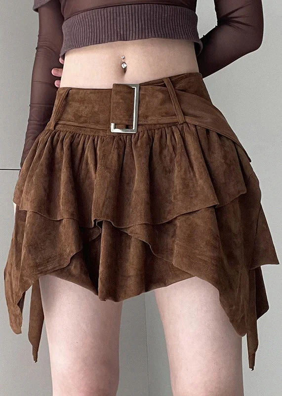 New Brown Asymmetrical Sashes Patchwork Faux Suede Skirt Fall Soft fabric unclassified skirts