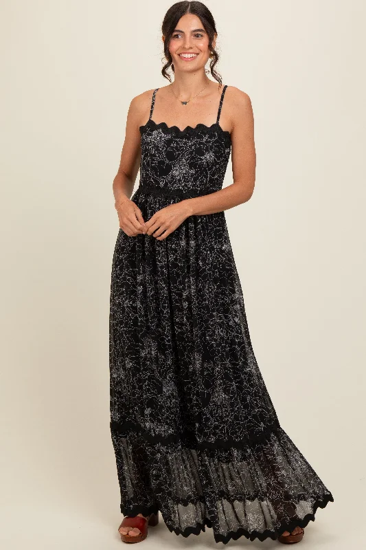 Black Floral Contrast Trim Maxi Dress A-line maxi dresses