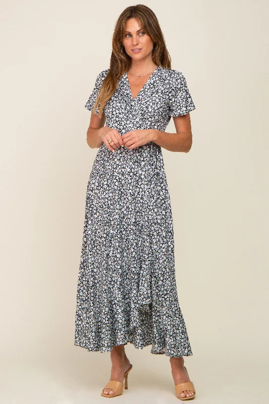 Black Floral Short Sleeve Wrap Maxi Dress Flowy maxi dresses