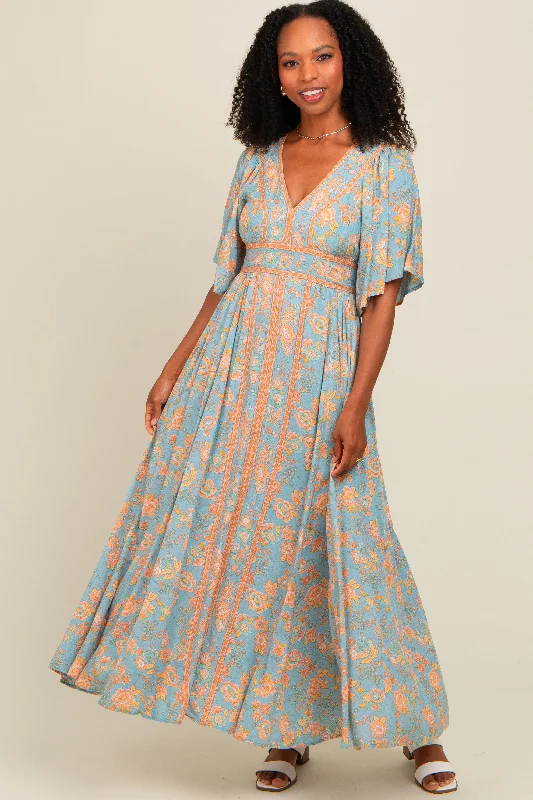 Blue Floral Border Print Flutter Sleeve Maxi Dress Expensive maxi dresses