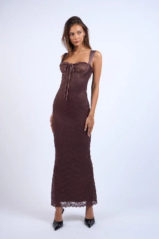 Chocolate Brown Floral Embroidered Lace Maxi Dress Corset maxi dresses