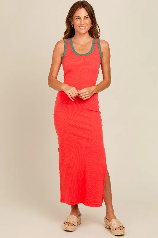 Coral Colorblock Side Slit Maxi Dress Affordable maxi dresses