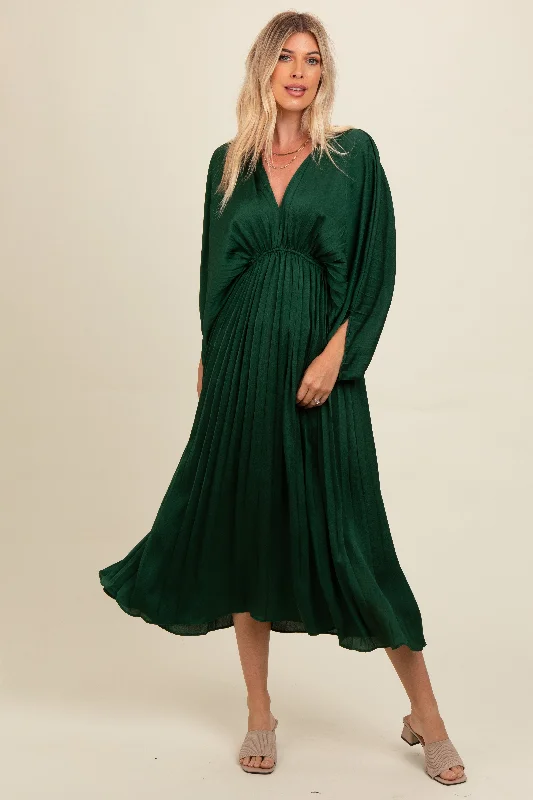 Forest Green Satin Pleated V-Neck Maxi Dress Wrap maxi dresses