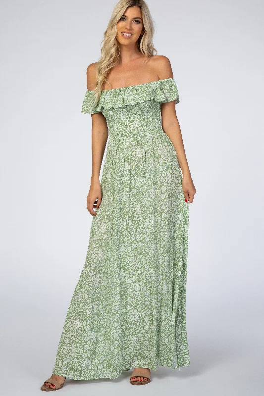 Green Floral Ruffle Off Shoulder Maxi Dress PrettyLittleThing maxi dresses