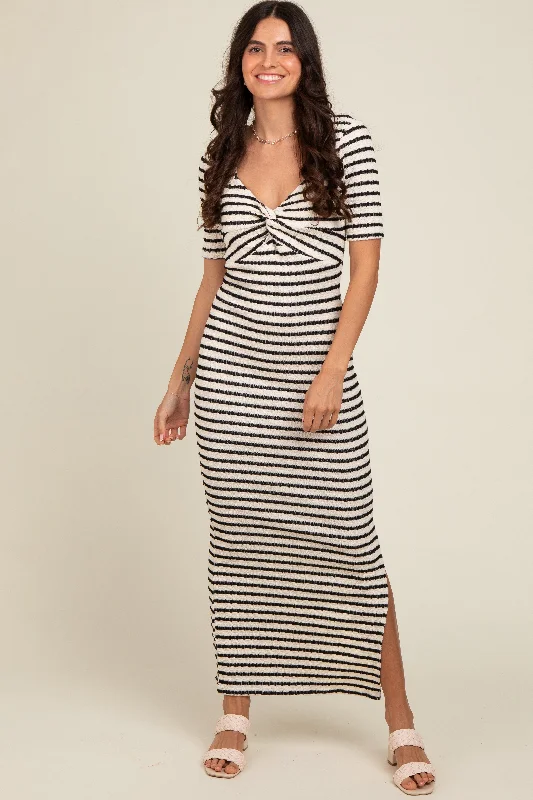 Ivory Black Striped Knit Short Sleeve Maxi Dress Designer maxi dresses