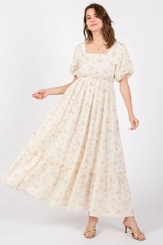 Ivory Floral Eyelet Puff Sleeve Maxi Dress High-end maxi dresses