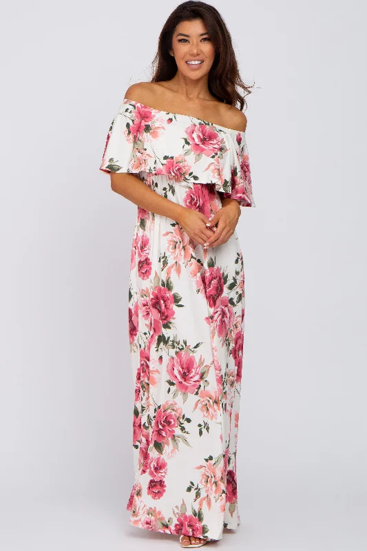 Ivory Floral Off Shoulder Flounce Maxi Dress Discounted maxi dresses