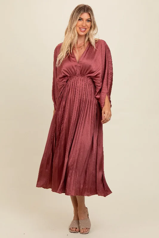 Mauve Satin Pleated V-Neck Maxi Dress Ruffled maxi dresses