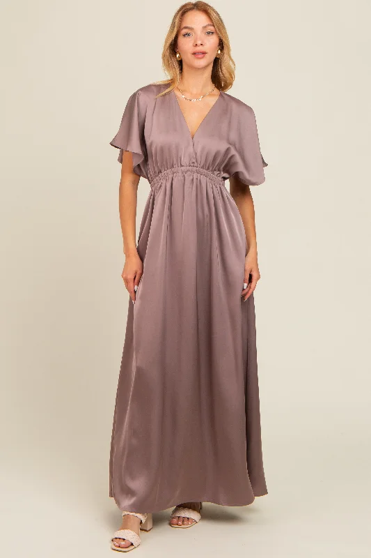 Mauve Satin V-Neck Flutter Short Sleeve Maxi Dress Spring maxi dresses